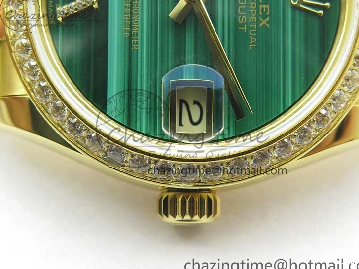 MiroTime 0305 Versatile Daydate 278288 31mm YG EWF Best Edition Green Malachite Dial Crystal Markers on YG President Bracelet ETA 2606